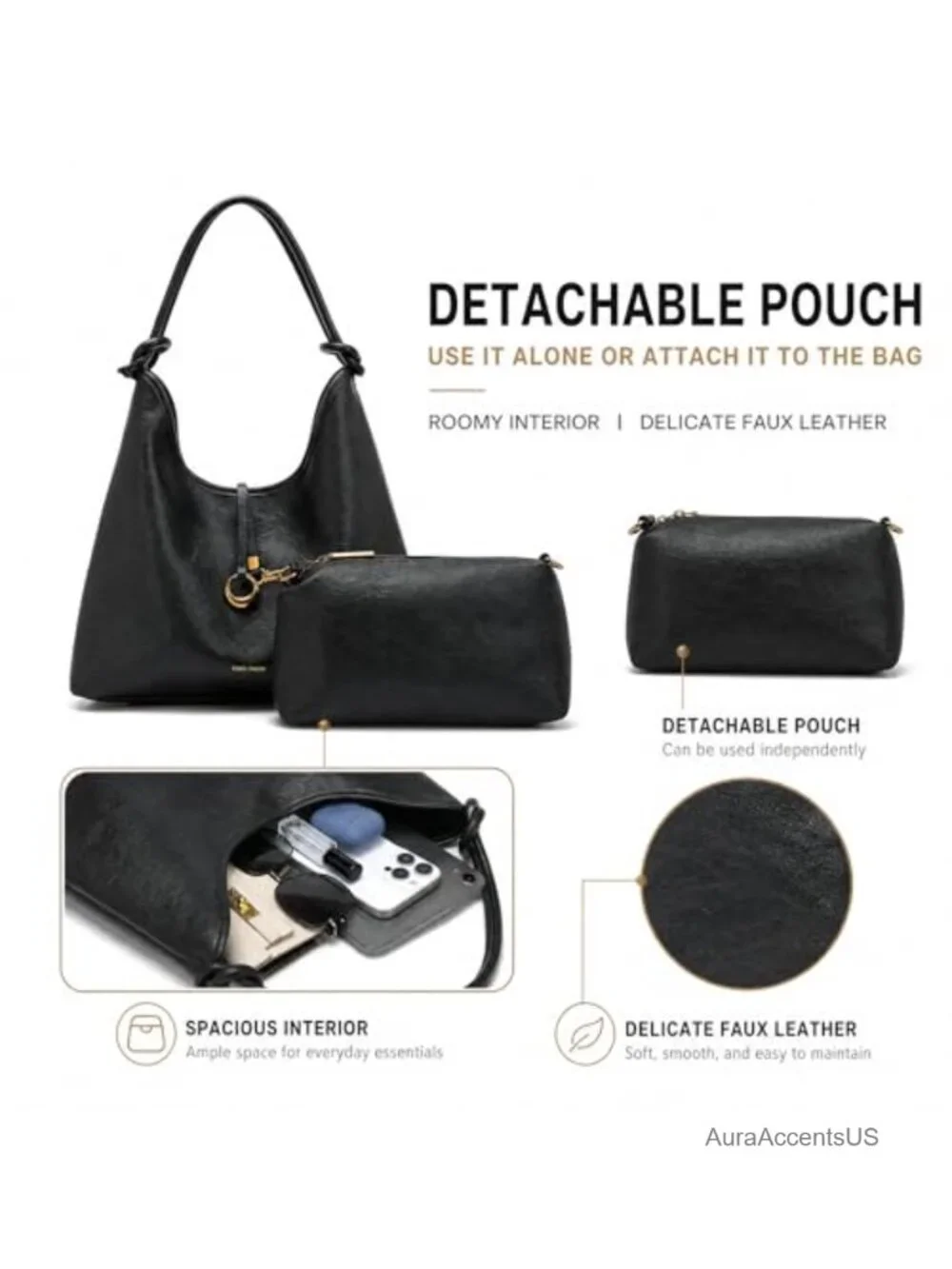 2-in-1 Hobo Shoulder Bag with Detachable Pouch, Faux Leather Purse Set